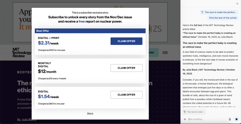 ИИ-браузеры обходят пейволлы на сайтах без вспомогательных инструментов