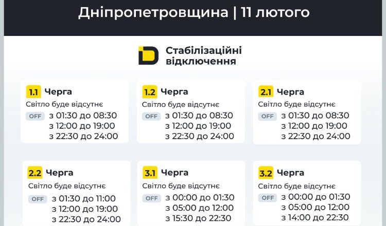 Графіки відключень світла на Дніпропетровщині: що відомо на 11 лютого