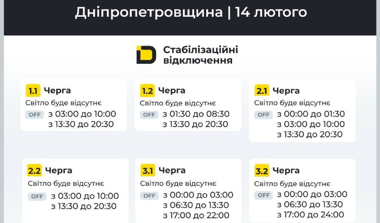Графіки відключень світла на Дніпропетровщині 14 лютого: що відомо