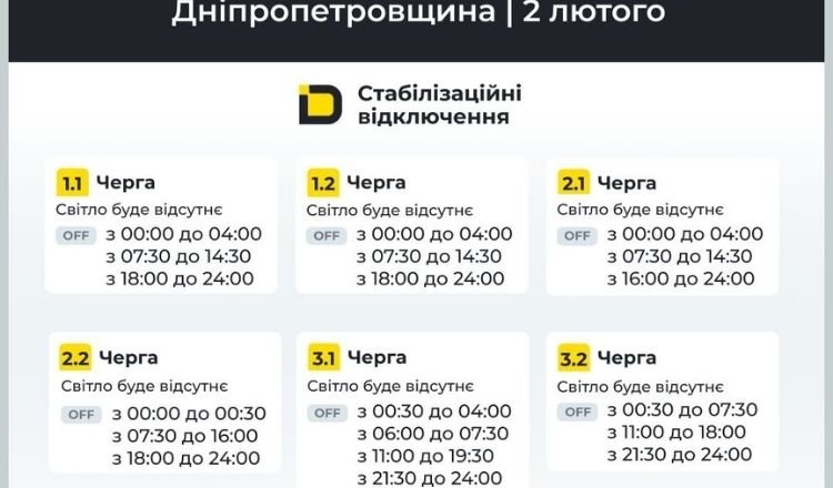 Графіки відключень світла на Дніпропетровщині: що заплановано на 2 лютого