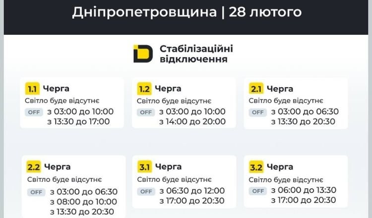Дніпропетровщина: графіки відключень на 28 лютого